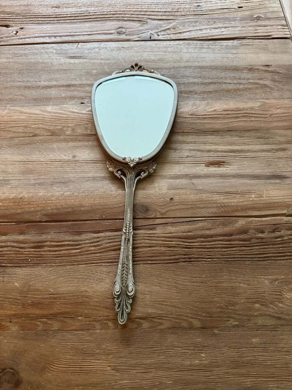 Vintage Ornate Silver Tone Hand Mirror with Black and Gold Brocade Back